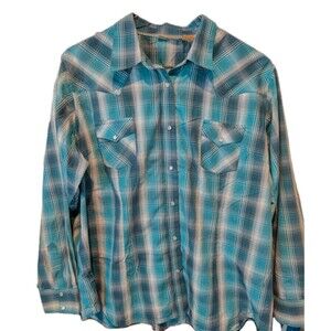 WRANGLER Womens Plus Size Pearl Snap Shirt Size 3XL Blue Plaid Long Sleeve